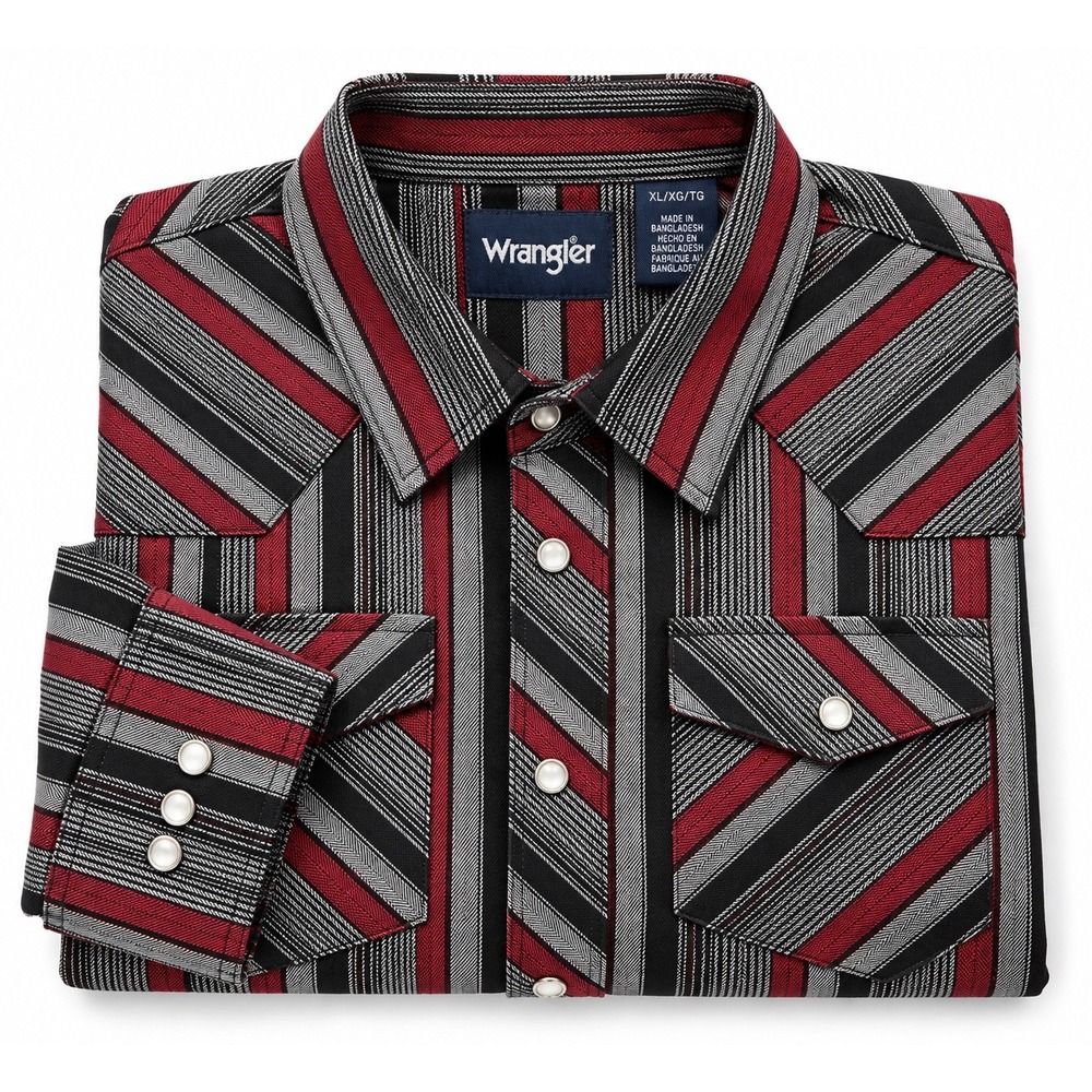 Wrangler Western Pearl Snap Shirt Red Black Gray Striped Cotton XL